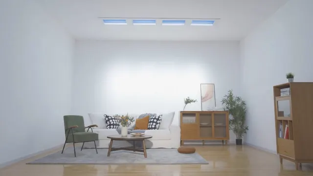 The same living room lit by four ceiling skylights, its colour changing with the time of day chosen on the slider