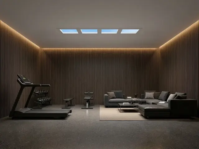 A basement gym and lounge with dark slatted walls, a treadmill, weights and a sofa, under a row of four skylights showing blue sky