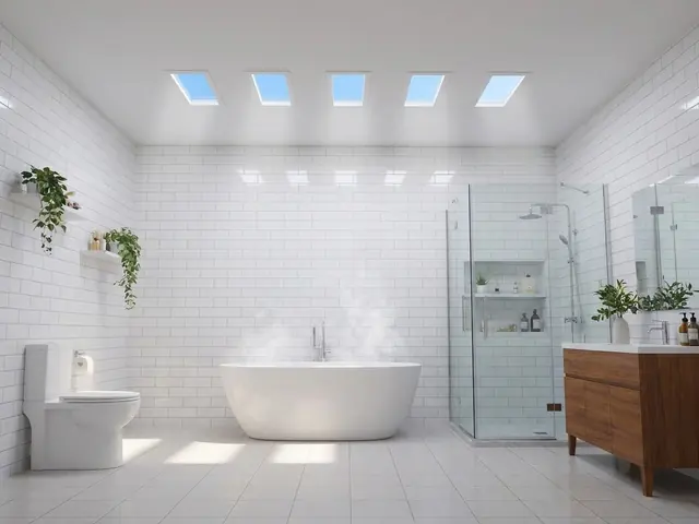A white-tiled bathroom with a freestanding bath, glass shower and wooden vanity, under a row of five skylights showing blue sky