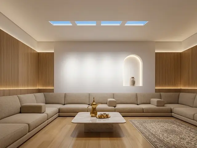 A majlis with wood-panelled walls and long low seating, lit by a row of four skylights in the ceiling showing blue sky